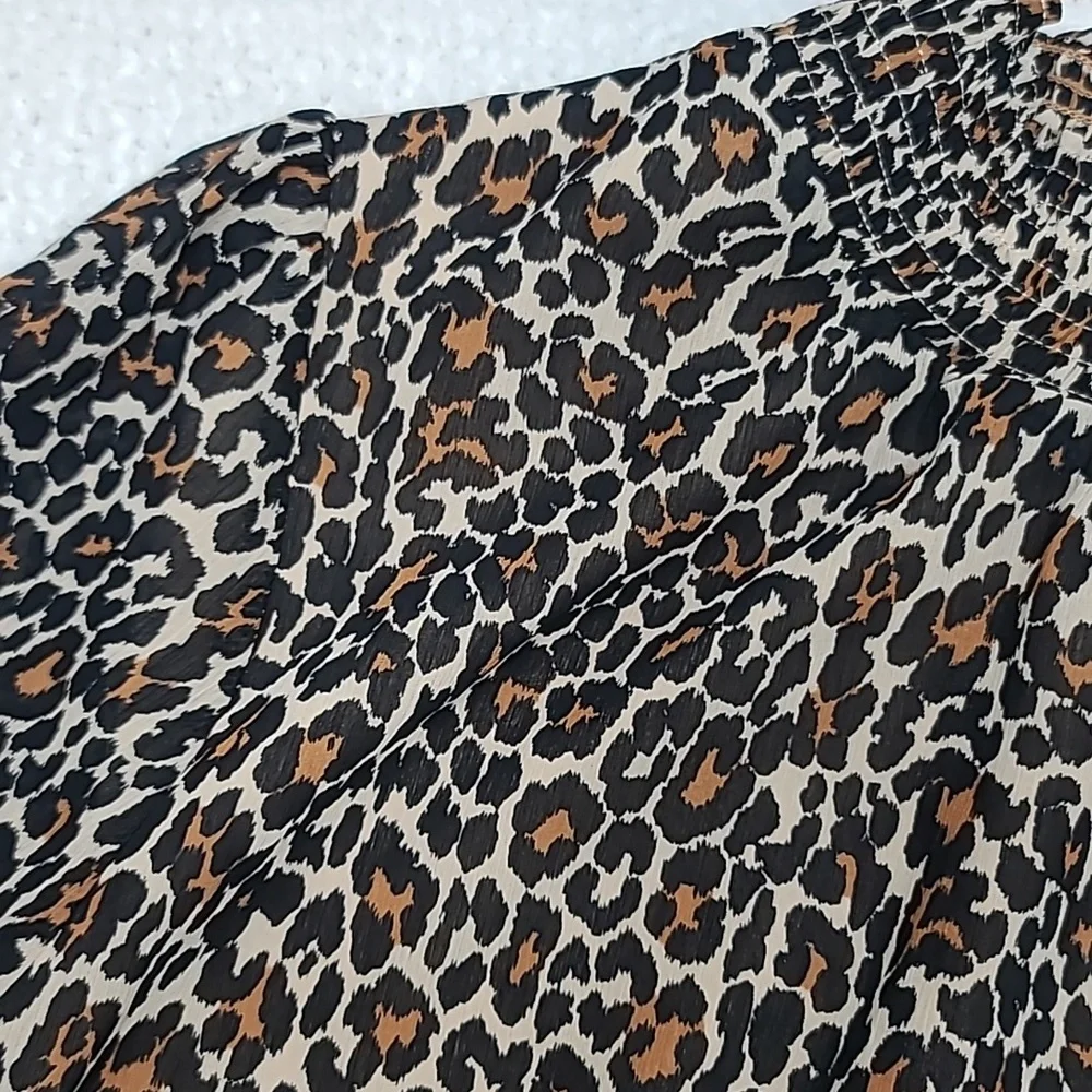 J Crew Long Sleeve Leopard Smocked Mock Neck Blouse/Shirt in Brown/Black - NWT